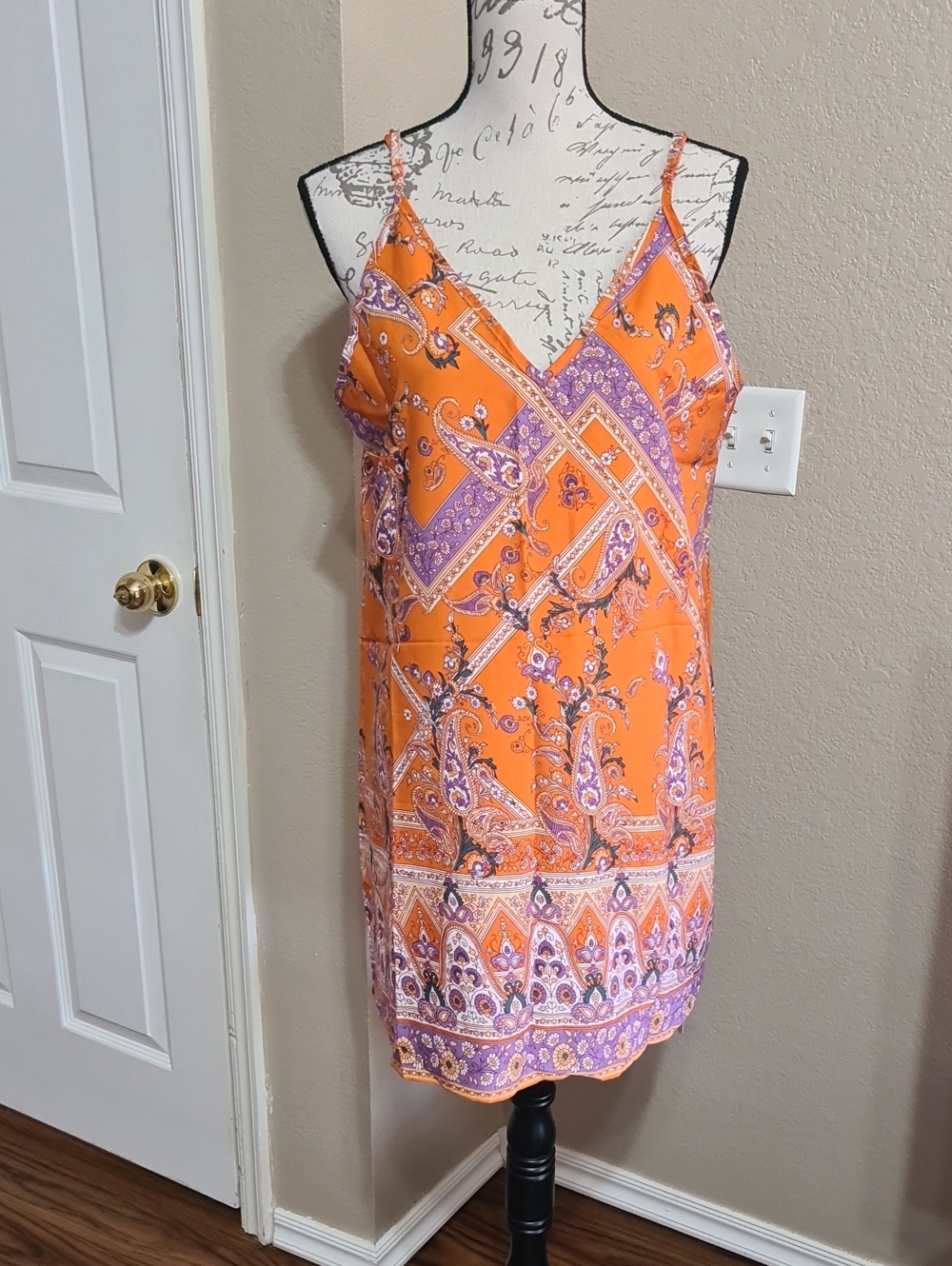 Bright Orange Paisley Slip Mini Dress with V-Neck